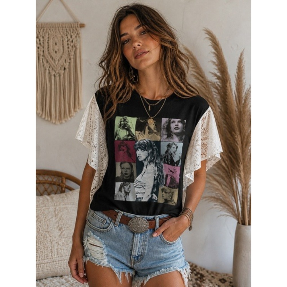 Taylor Swift Eras Tour Upcycled Graphic Tee Lace Flutter Sleeve Boho Top O/S